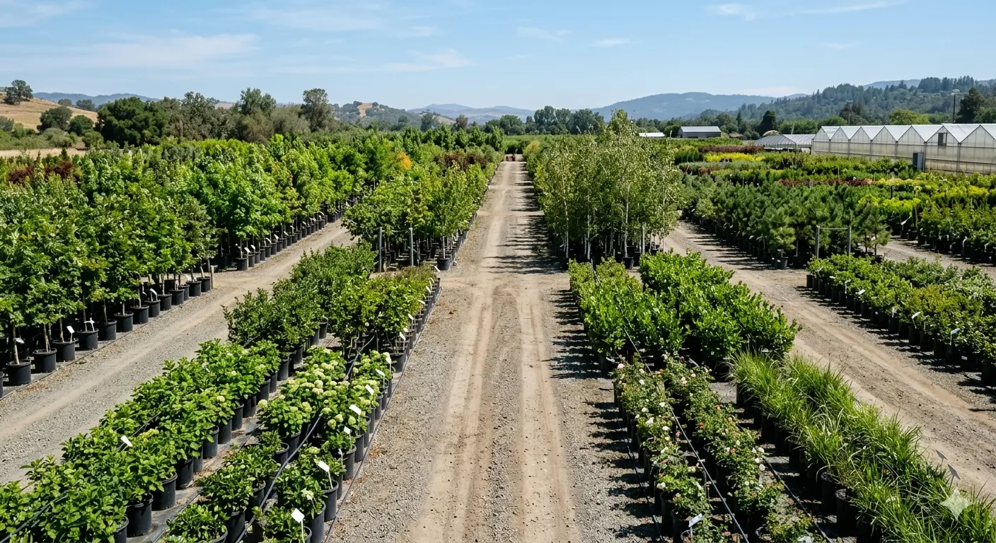 Wholesale plant nursery yard with rows of trees and shrubs