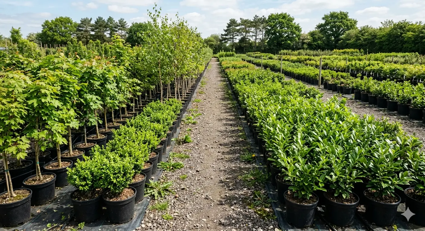 Trees and shrubs in containers at a wholesale plant nursery