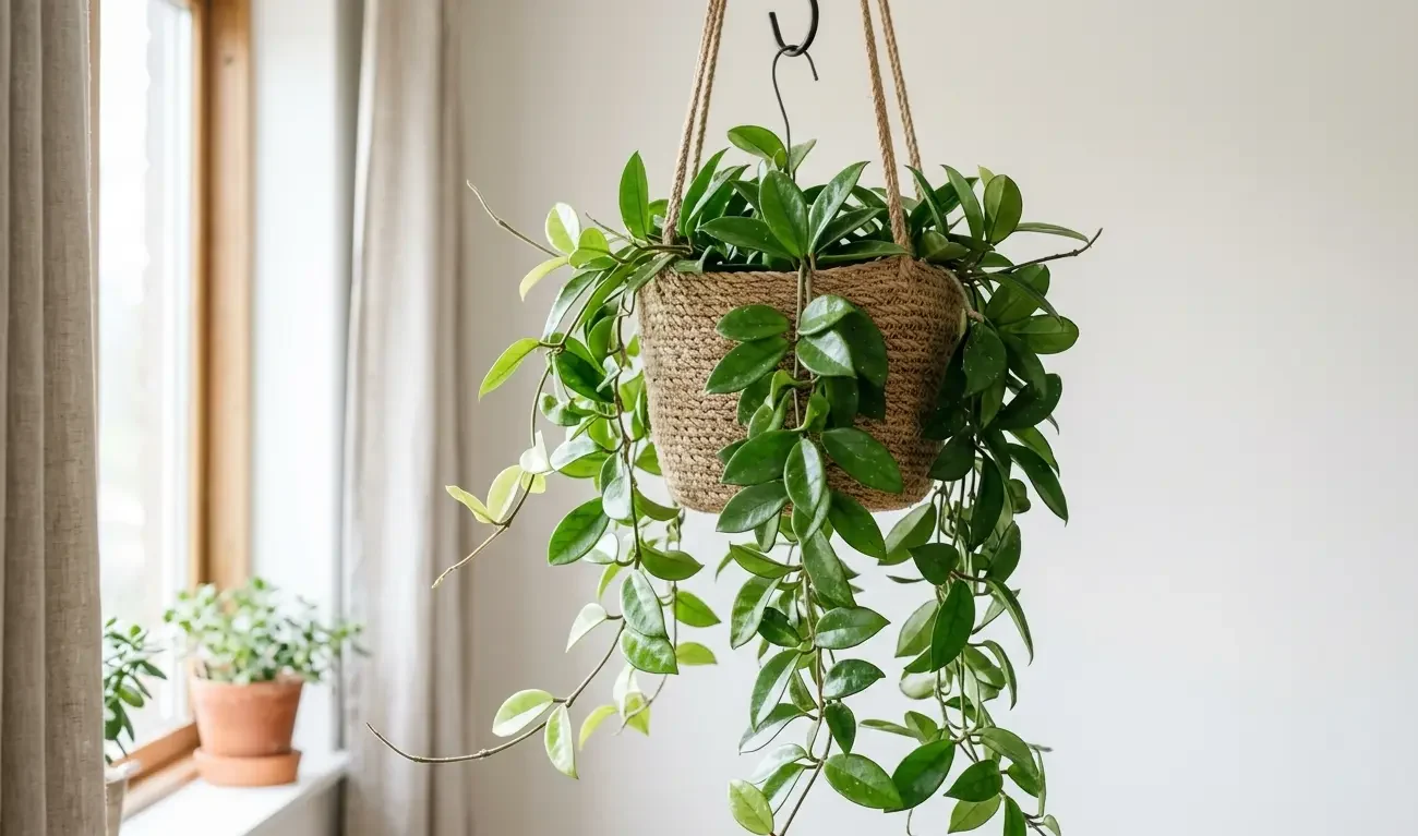 A Hoya trailing from a hanging basket with waxy leaves