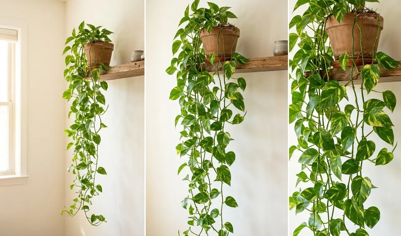 A pothos trailing from a high shelf with heart-shaped leaves