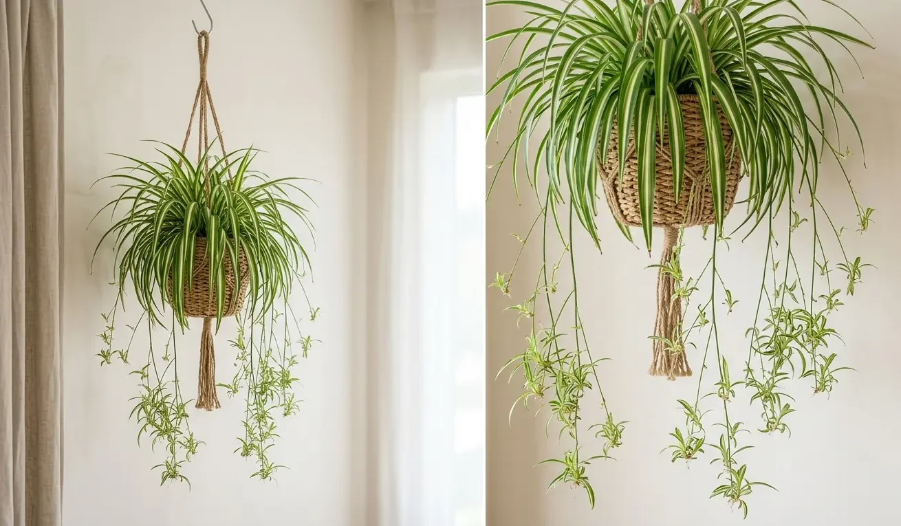 A spider plant in a hanging basket with arching striped leaves and plantlets