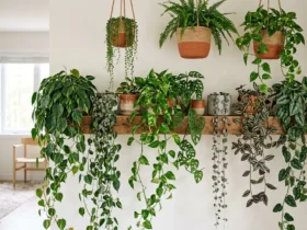 Several trailing houseplants cascading from a shelf and hanging baskets