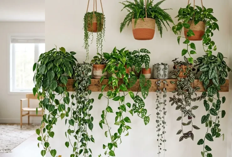 Several trailing houseplants cascading from a shelf and hanging baskets