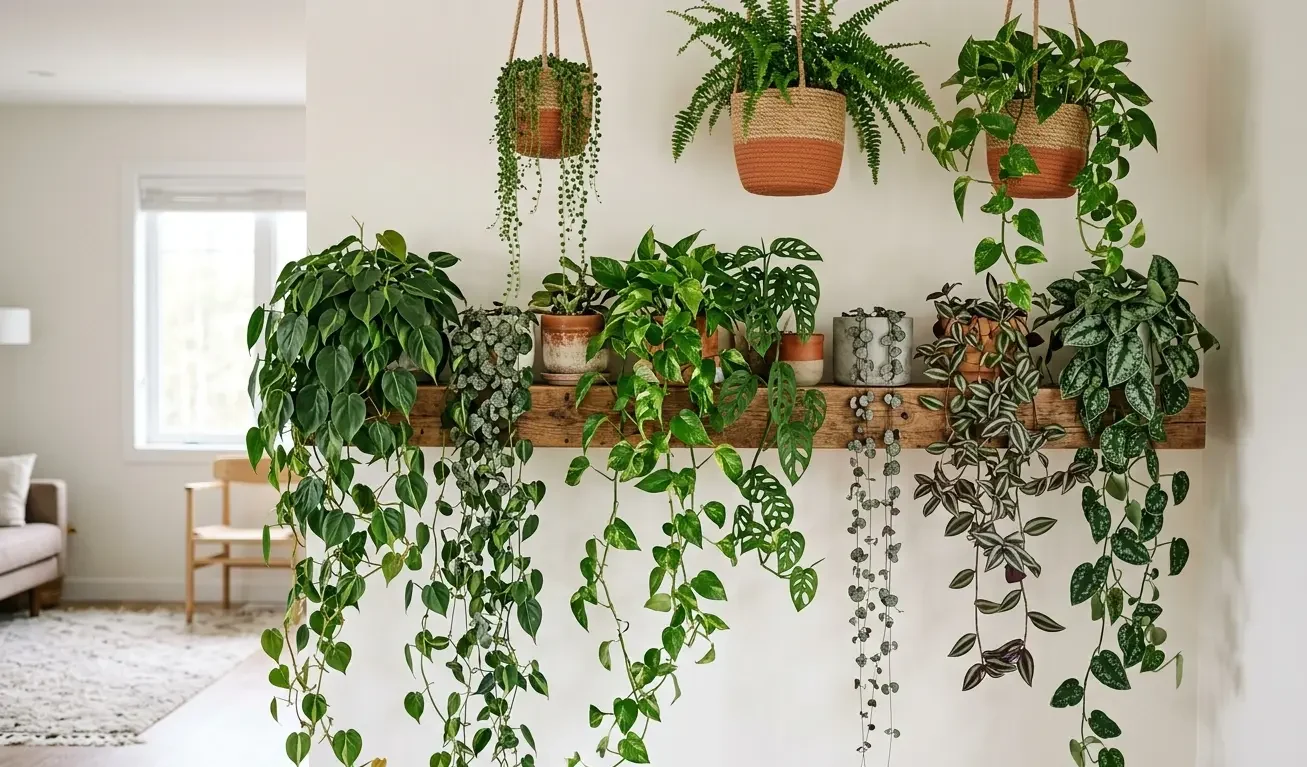 Several trailing houseplants cascading from a shelf and hanging baskets
