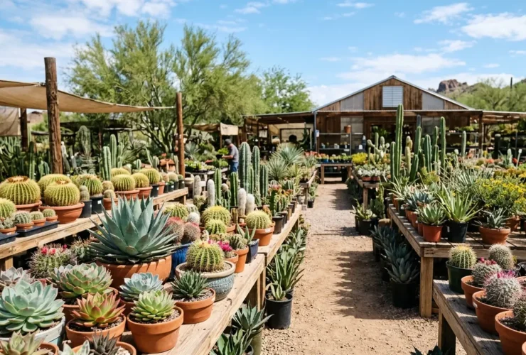 A desert plant nursery full of cacti and succulents in Tucson, Arizona
