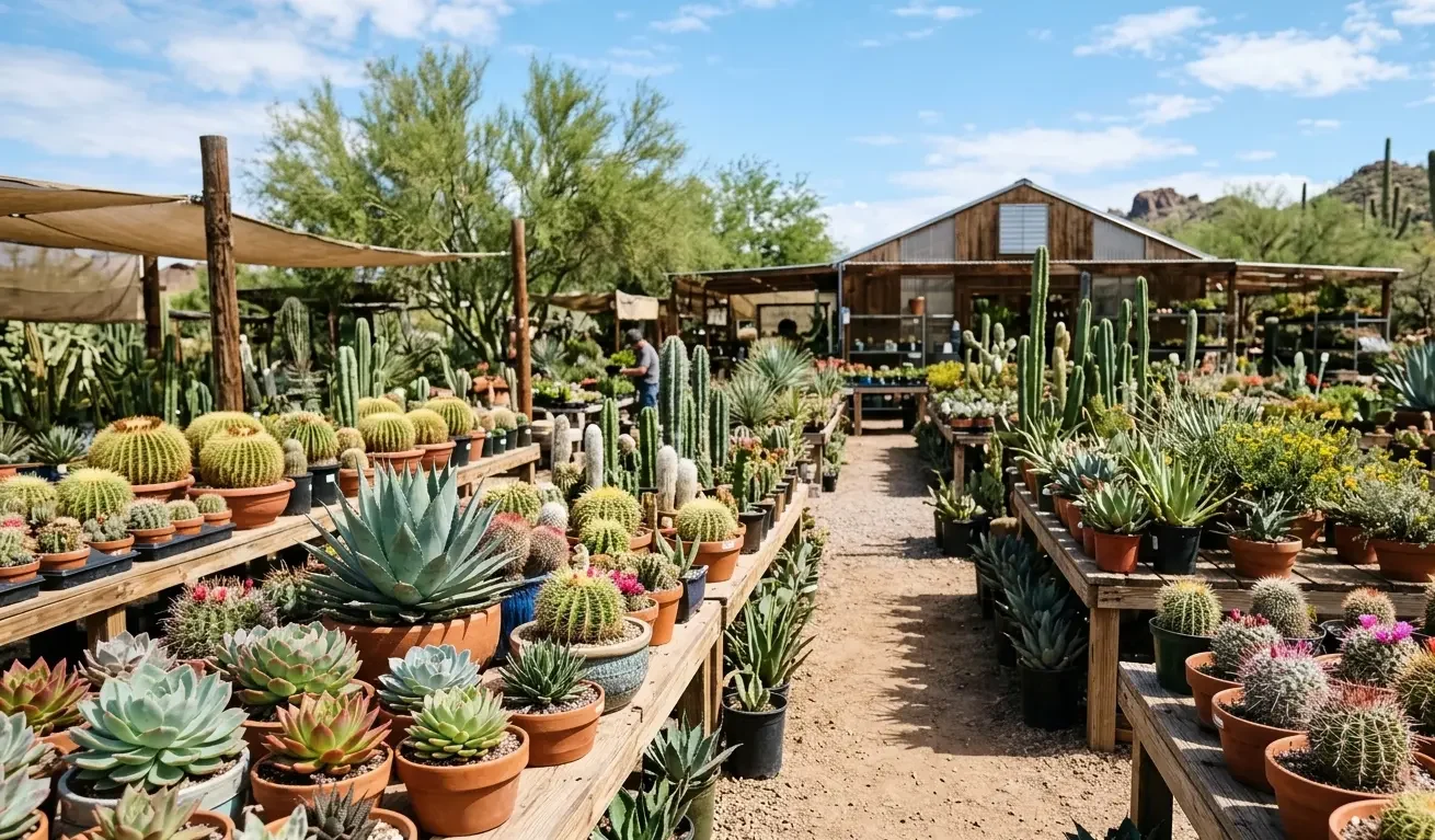 A desert plant nursery full of cacti and succulents in Tucson, Arizona