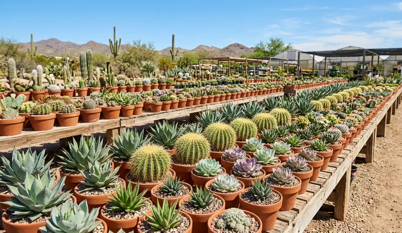 Rows of potted cacti and succulents at a Tucson cactus nursery