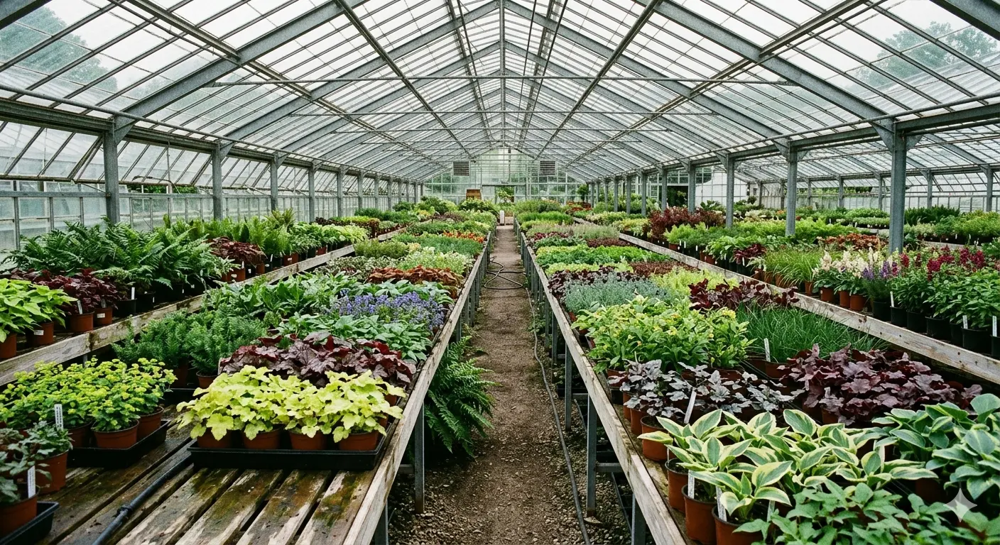 Interior of a large nursery greenhouse with rows of perennials