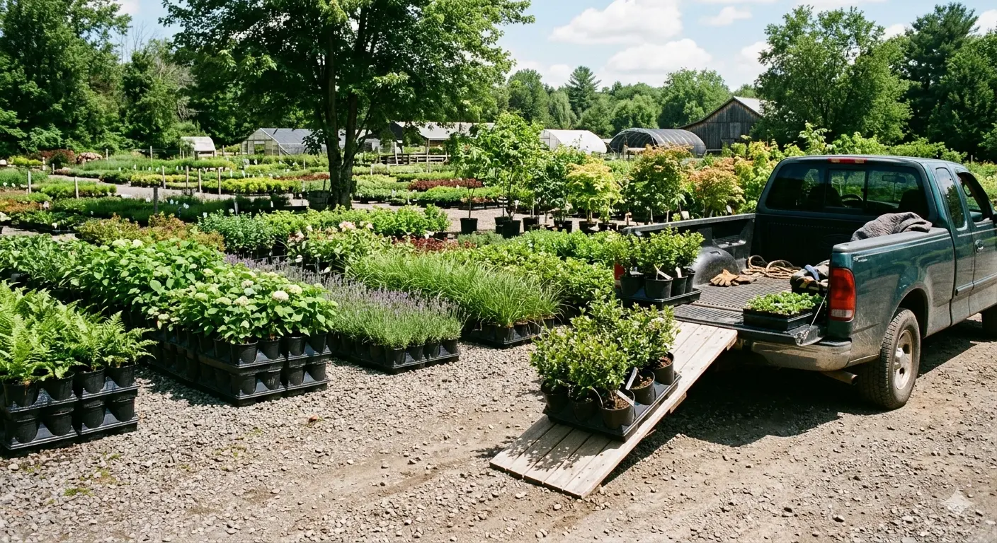 Loading area at a plant nursery where staff help load orders