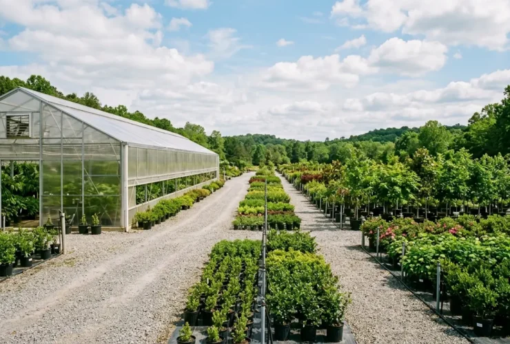 Large greenhouse and outdoor plant beds at a North Carolina nursery