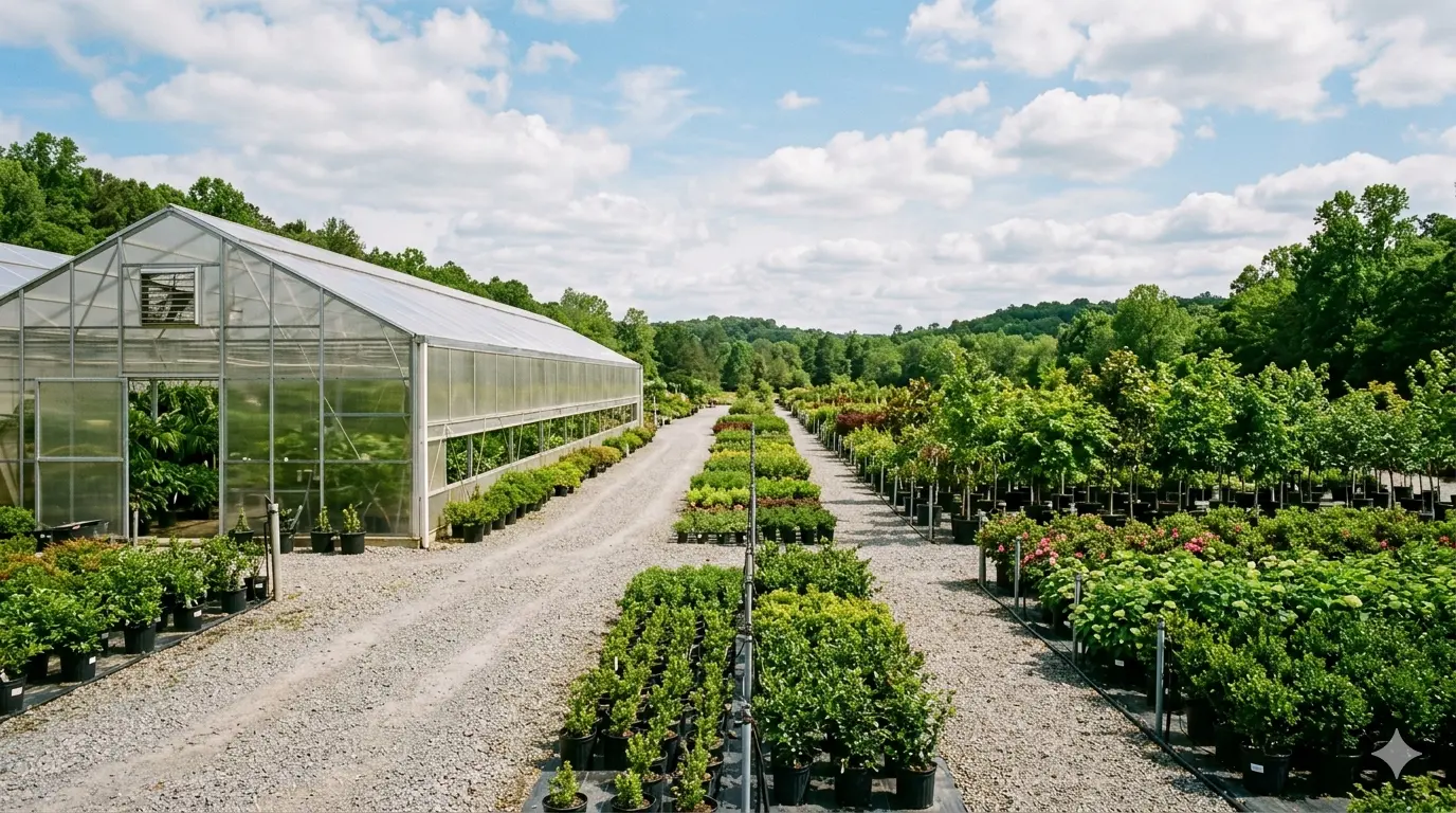 Large greenhouse and outdoor plant beds at a North Carolina nursery