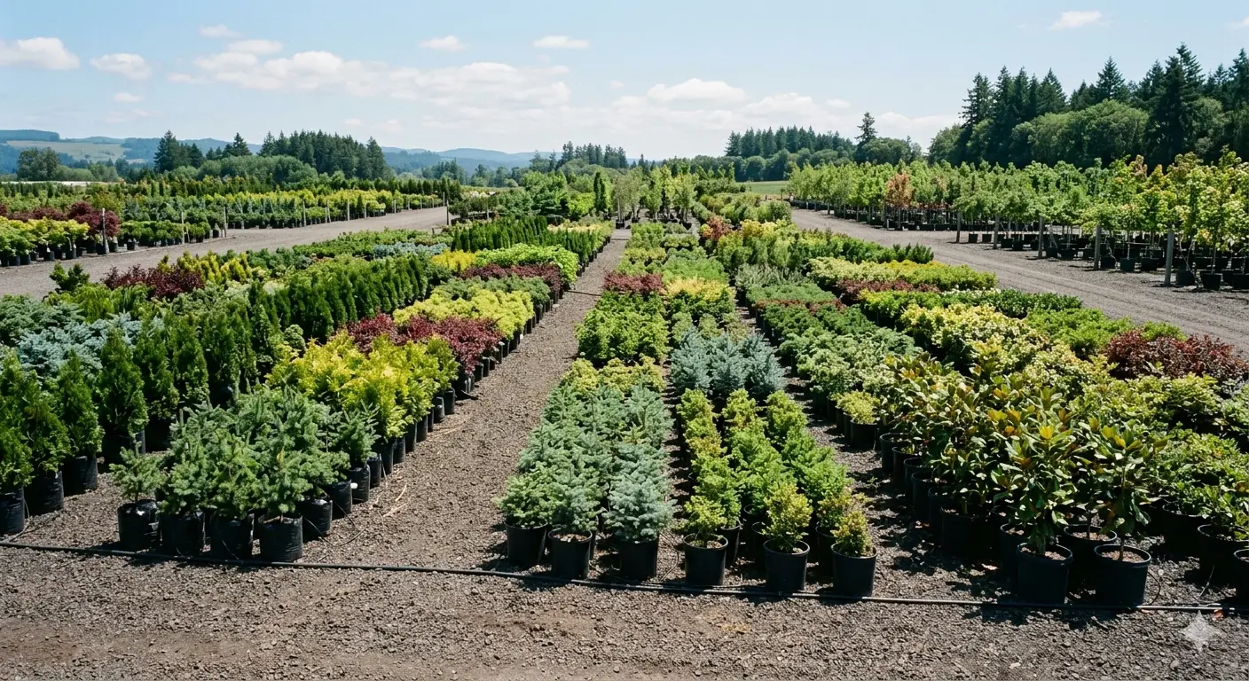 Rows of trees and shrubs in a nursery yard ready for landscape projects